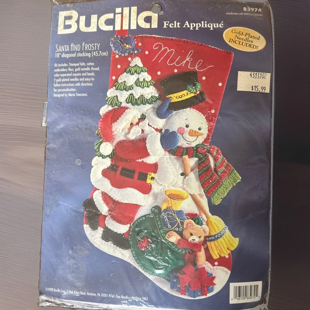 Vintage Bucilla SANTA AND FROSTY Felt Stocking Applique Kit 83974 New Sealed USA
